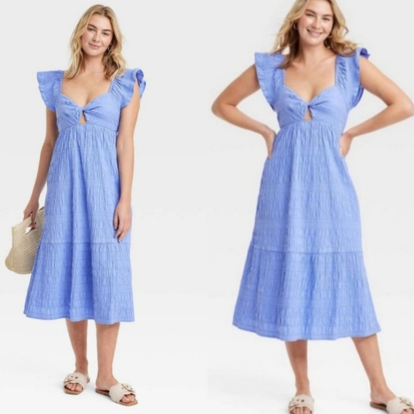 BLUE UNIVERSAL THREAD RUFFLE FLUTTER SLEEVE PUCKER SMOCK TWIST FRONT MIDI DRESS - Picture 3 of 11